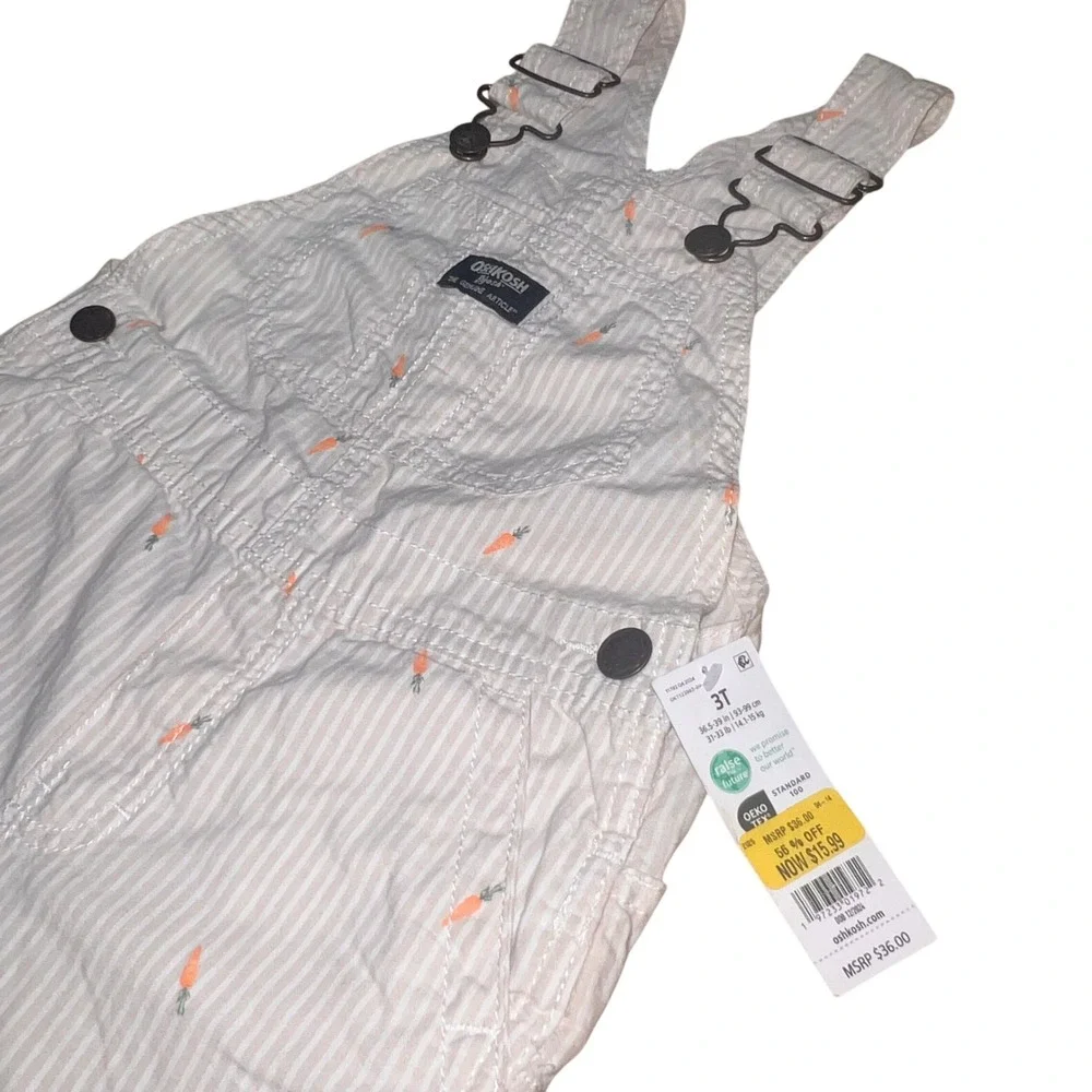 OshKosh Bgosh Toddler 3T Striped Carrot Embroidered Shortalls Overalls NEW